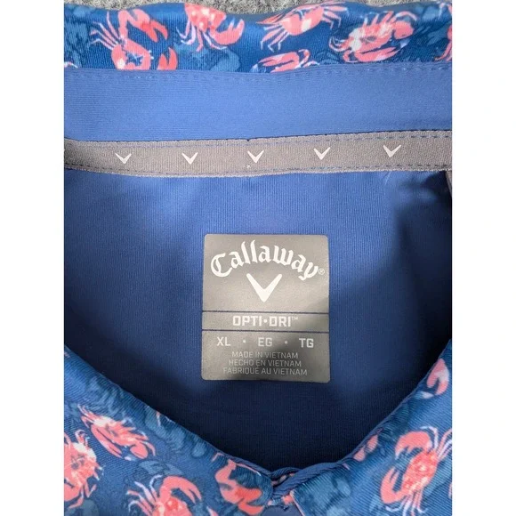 Callaway Mens XL Opti-Dri Golf Polo Galaxy Blue Pink Crab Print UPF 50 NWT - Picture 3 of 8